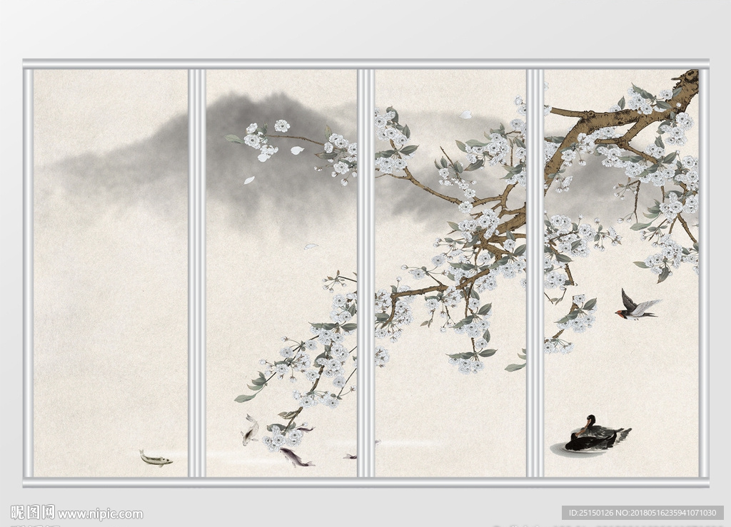 中式山水花鸟鱼画移门