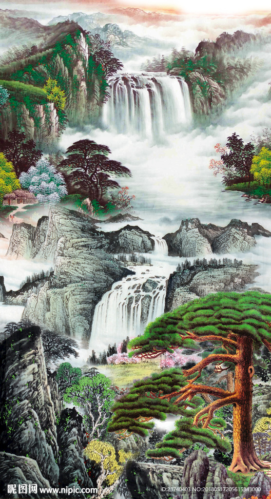 山水国画迎客松玄关风景