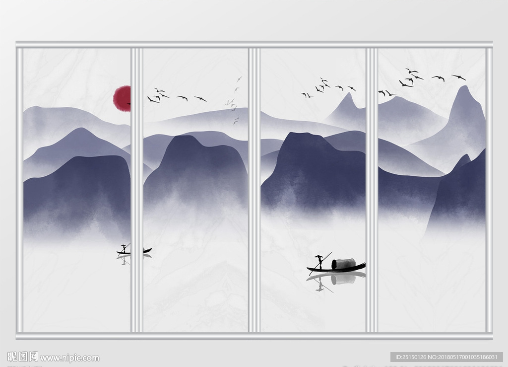 中式水墨手绘意境山水移门