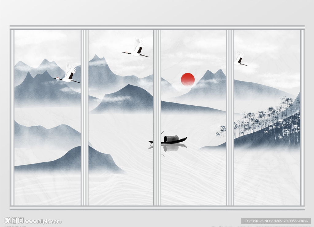 手绘意境禅意山水风景画移门