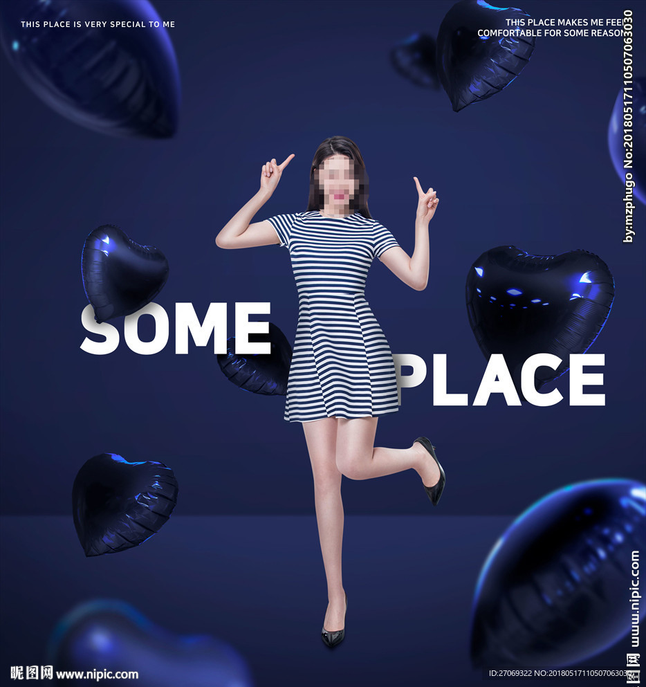 深蓝色心形气球女生跃起背景图片
