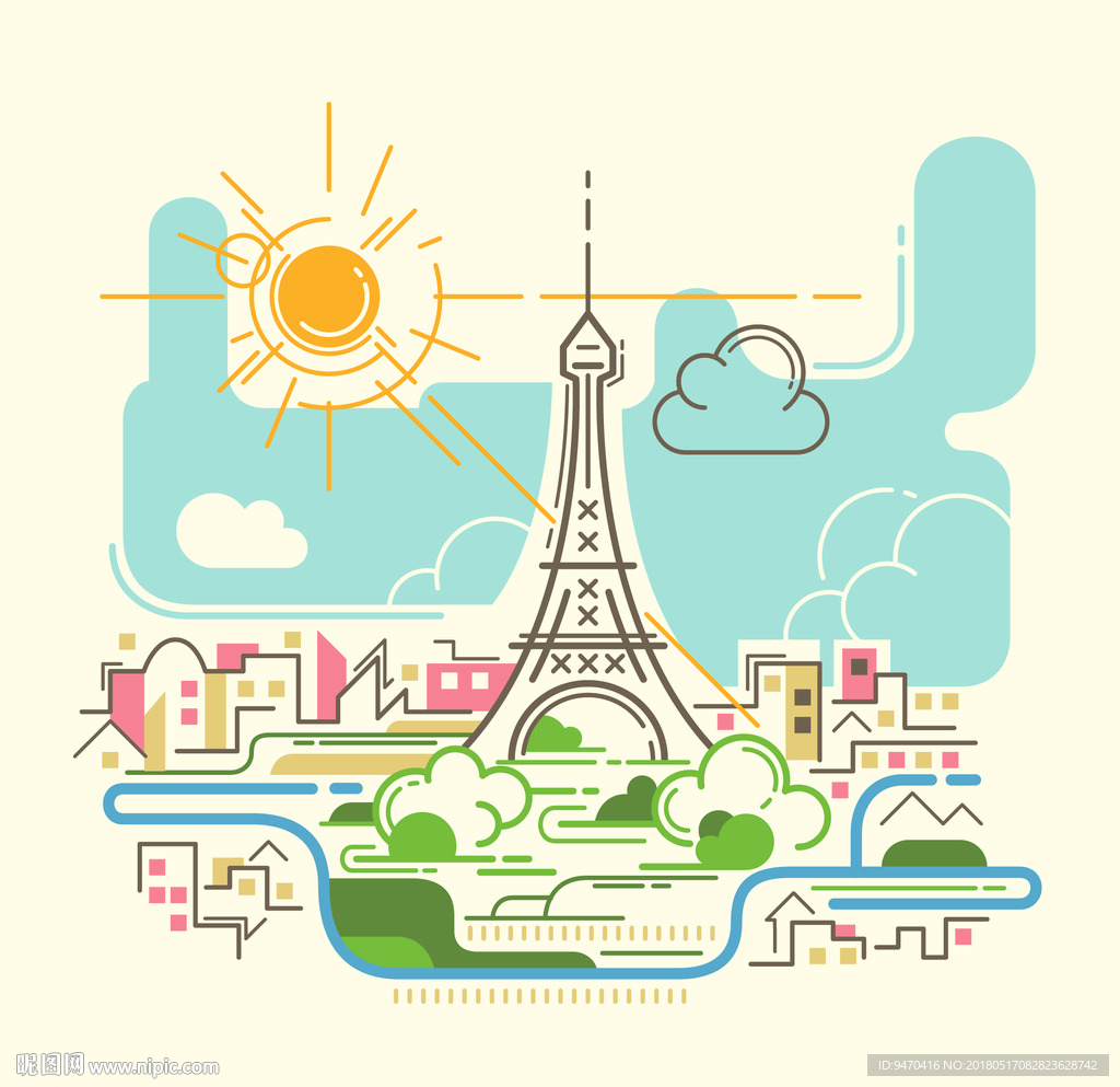 巴黎城市卡通简笔彩色画矢量图