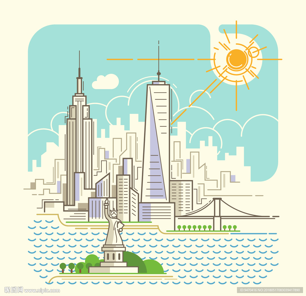 纽约城市卡通简笔彩色画矢量图