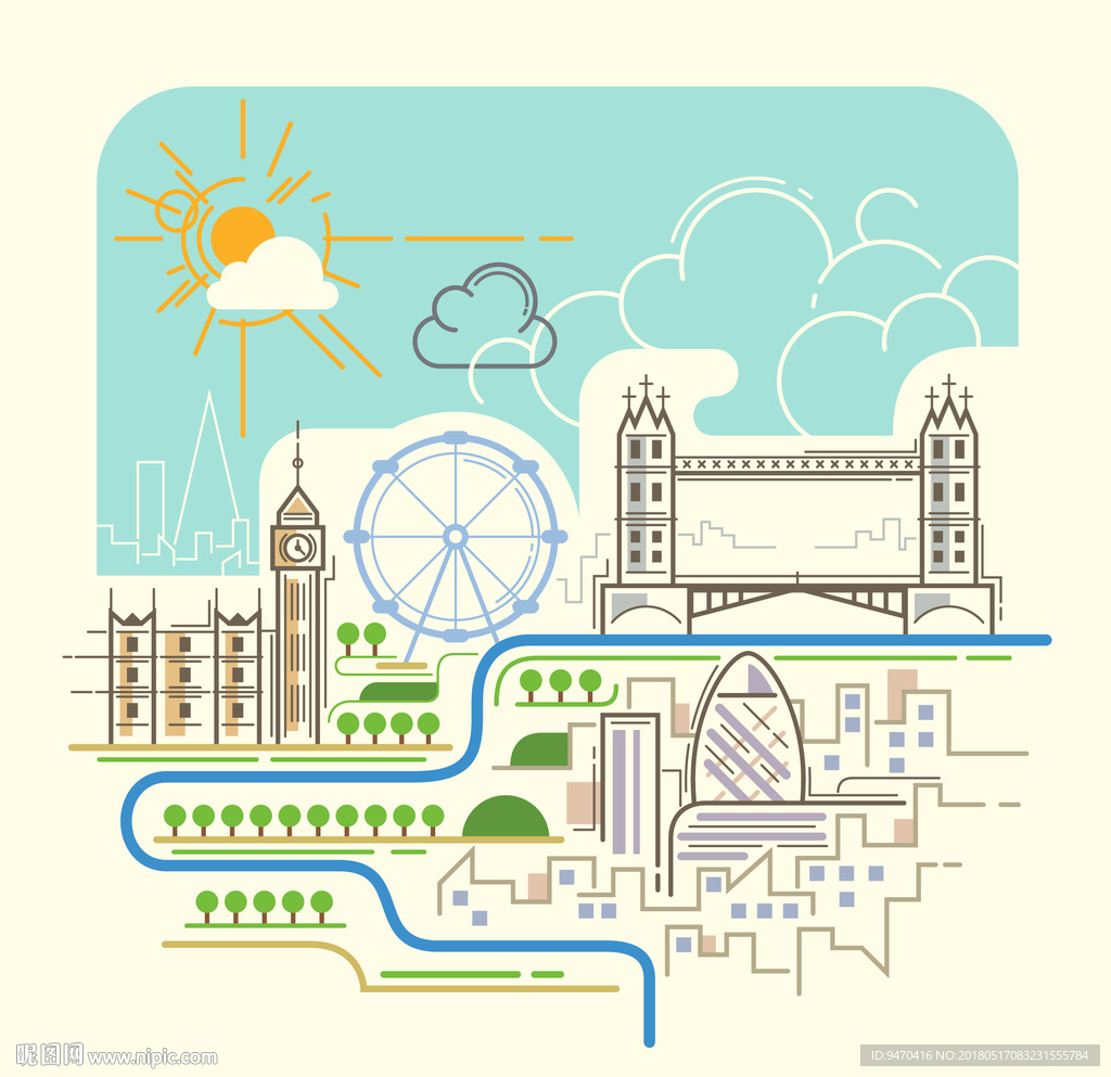 伦敦城市卡通简笔彩色画矢量图