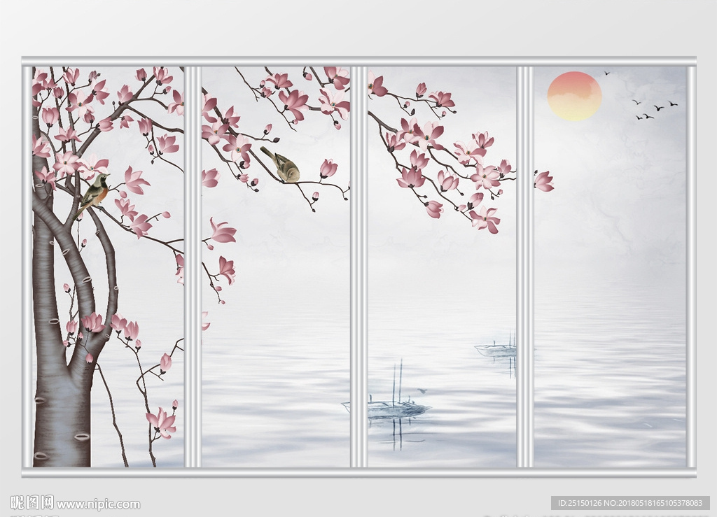 中式素雅水墨背景花鸟移门