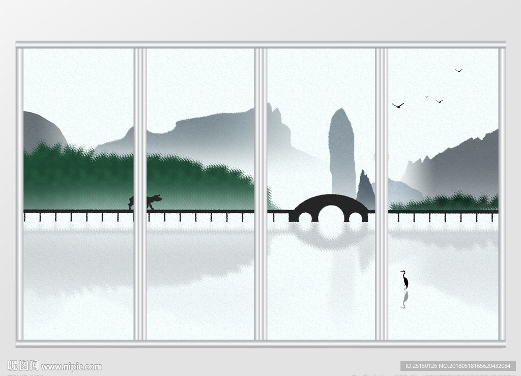 新中式简约插画意境山水移门