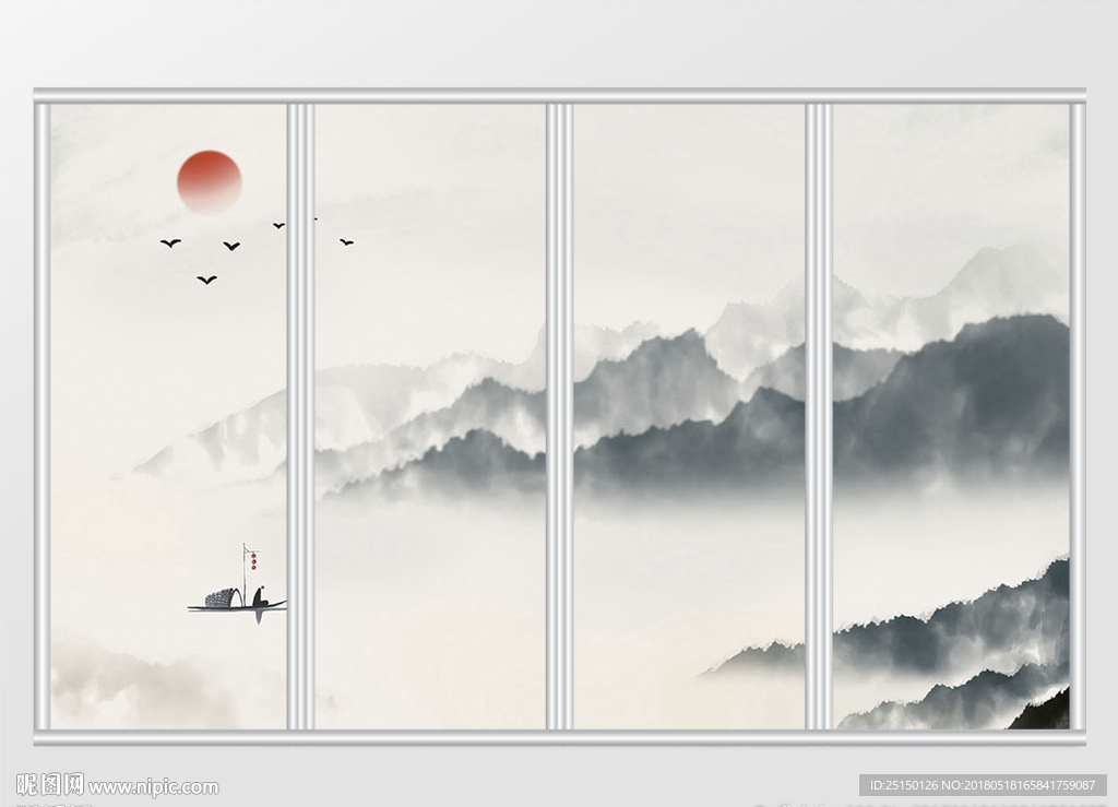 中式手绘抽象山水画移门