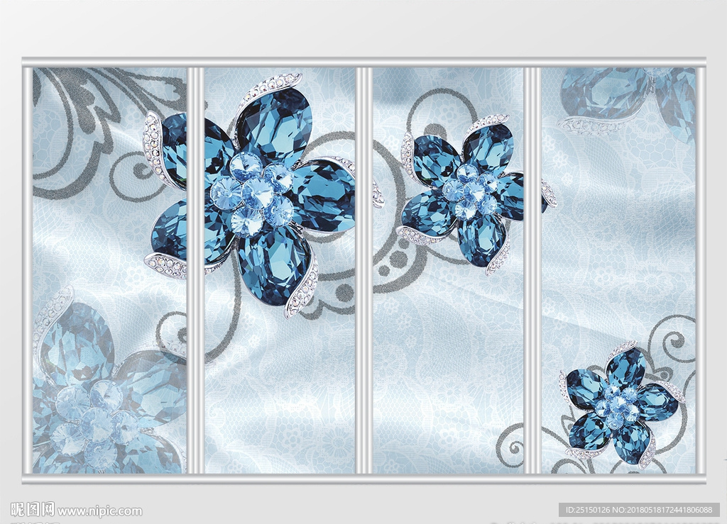 3d立体蓝色绸缎宝石蓝花朵移门