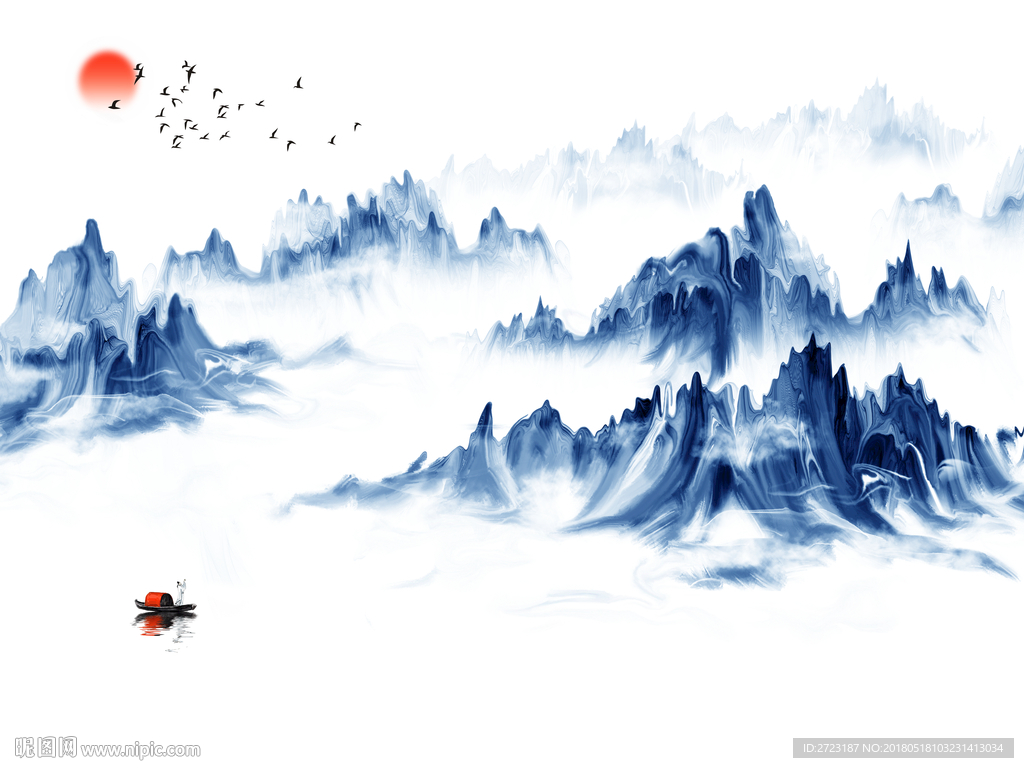 意境手缓水墨蓝色清新山水壁画