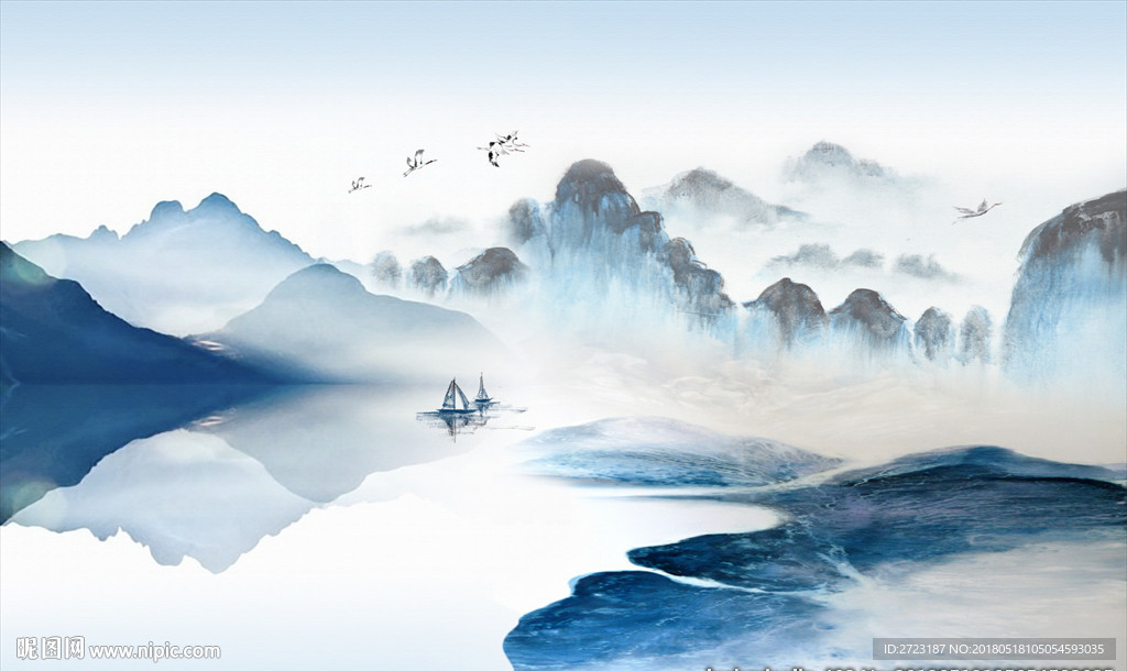 蓝色水墨风格山水河川壁画背景墙