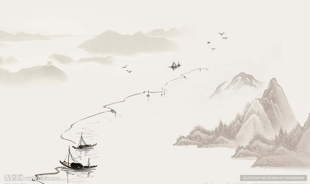 小舟在河流上划过的痕迹壁画