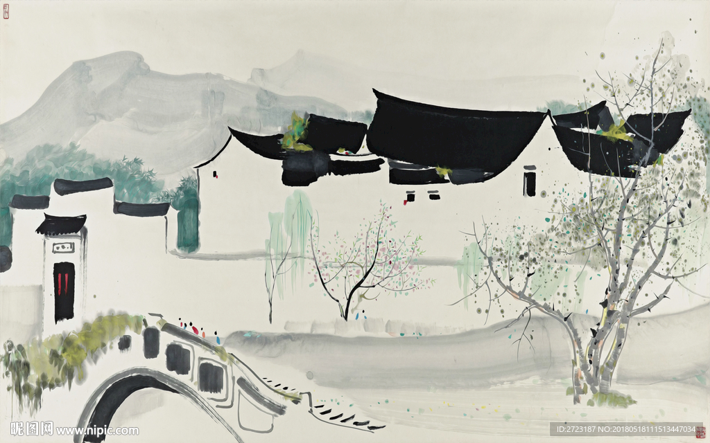 村庄小桥抽象风景水墨风格壁画