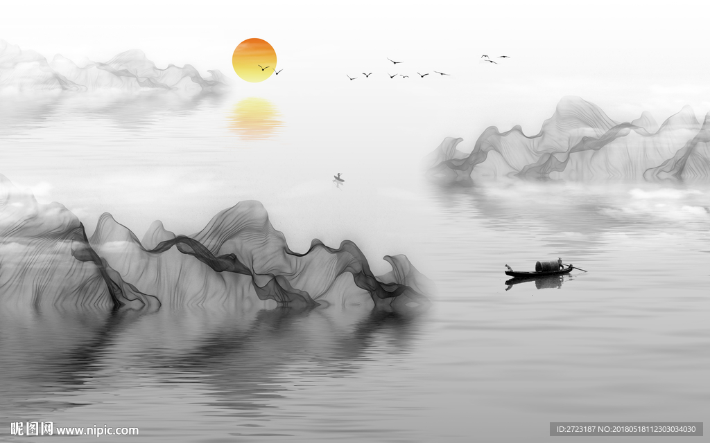 大雾弥漫海洋之上水墨风线条壁画