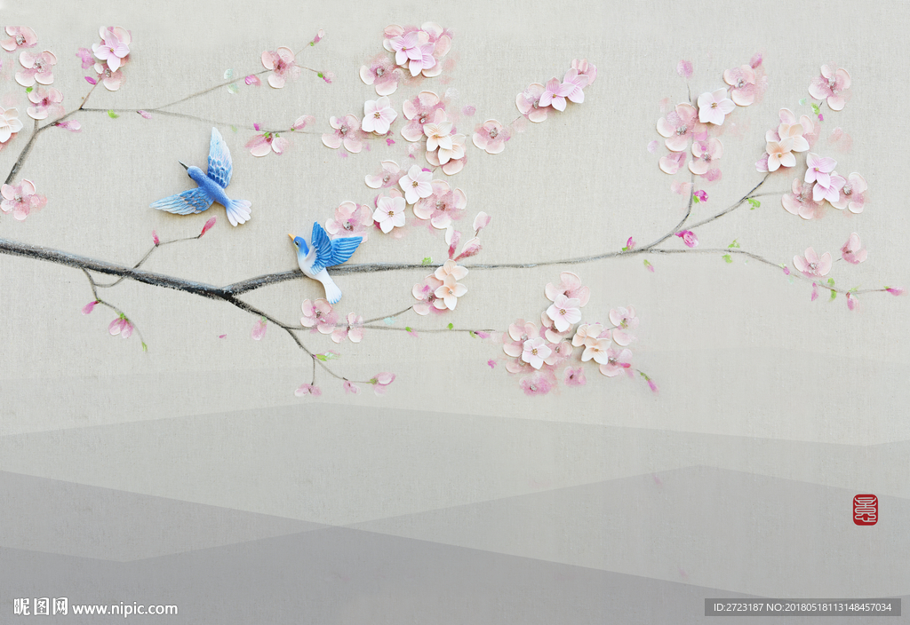 粉色桃花壁画 中式花鸟背景墙
