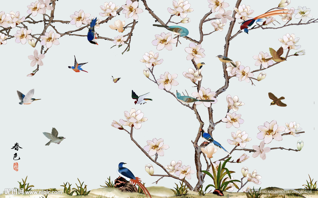 银白色 花鸟背景墙壁画