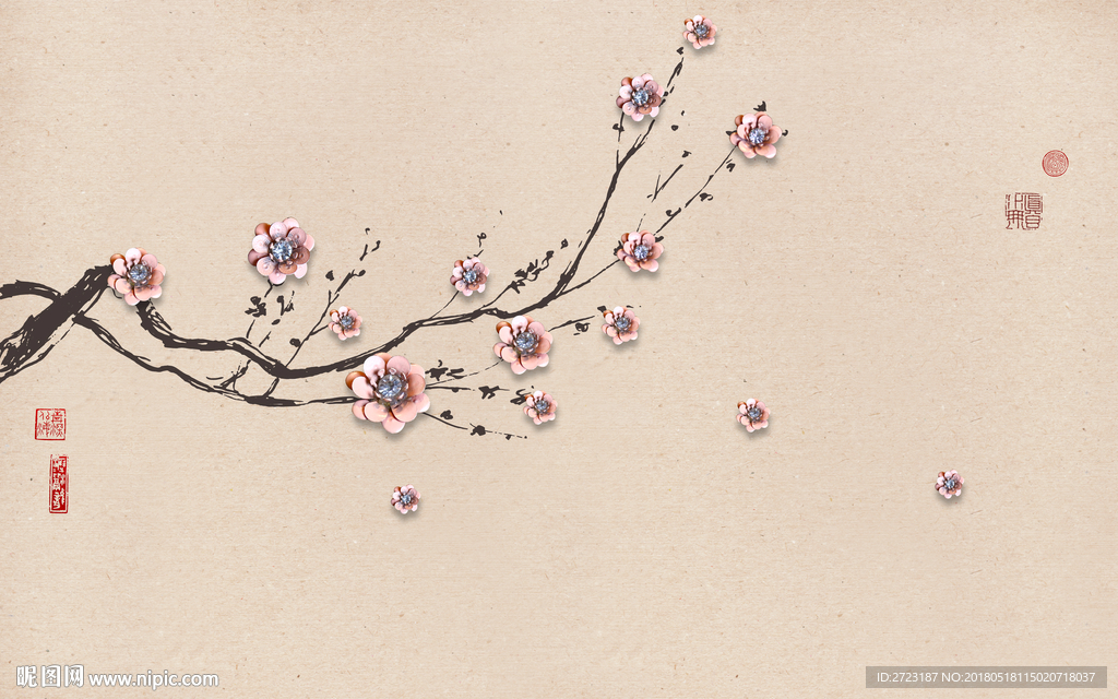 一枝独秀 花朵背景墙 中式壁画