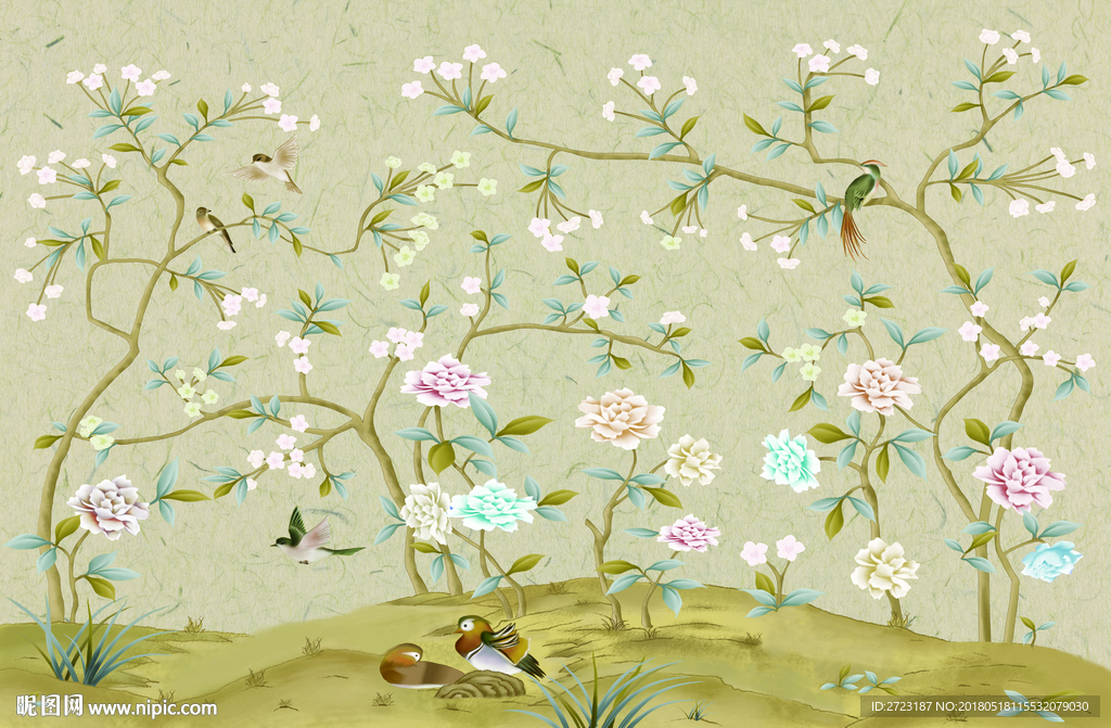 花鸟背景墙壁画 现代中式风格