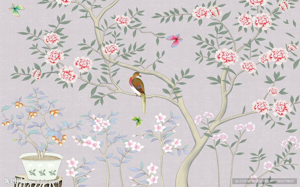 喜鹊花鸟背景墙 壁画