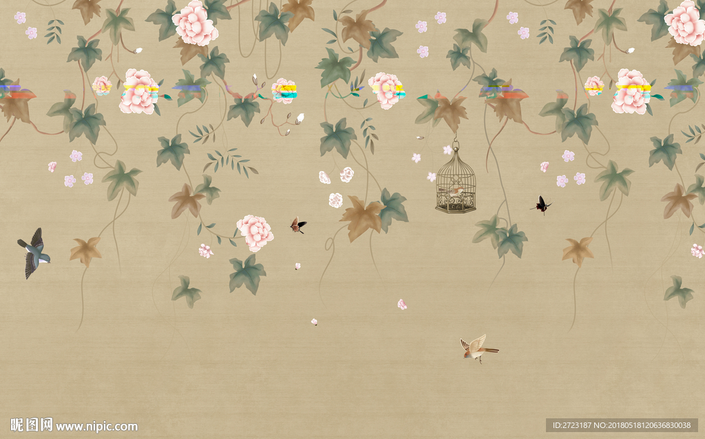 浪漫花簇 新中式花鸟背景墙壁画