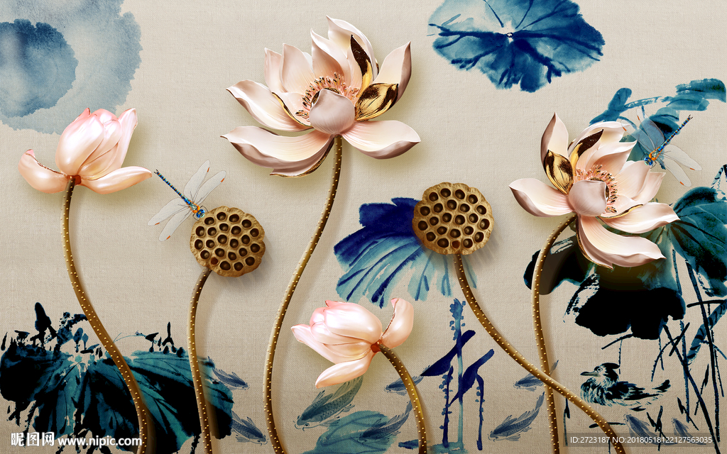 金属感荷花枝水墨蓝色壁画背景墙