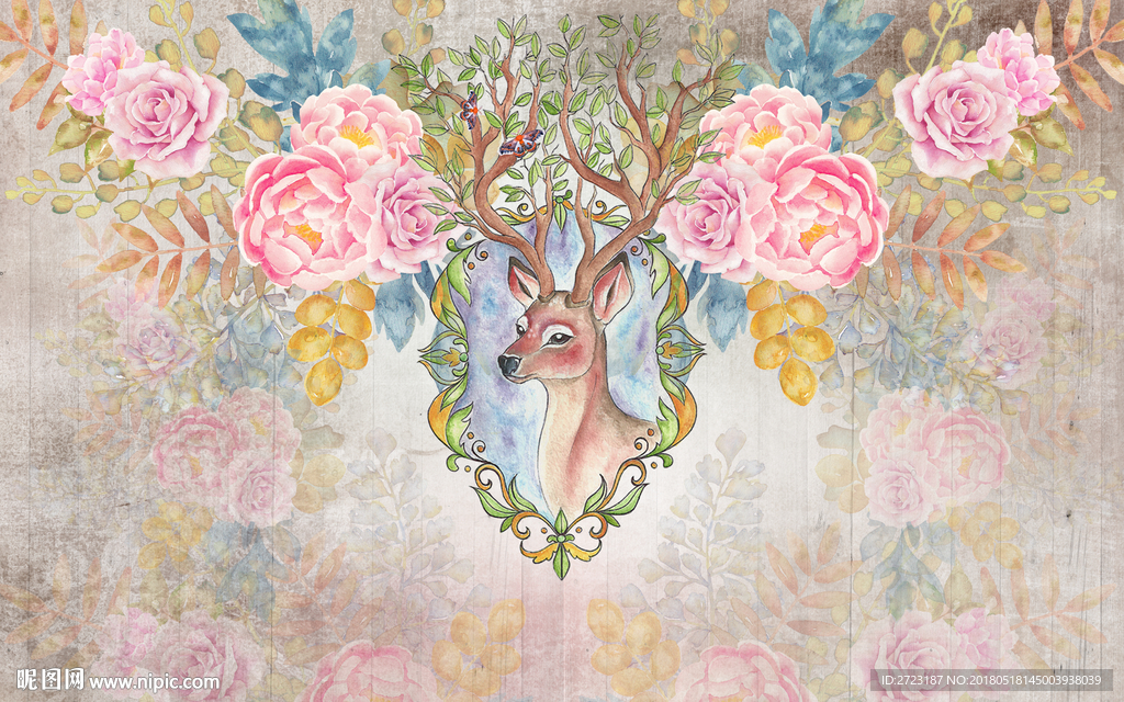 粉色麋鹿头花朵绽放壁画背景墙