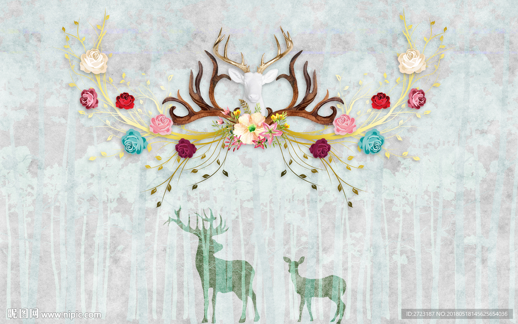 金属鹿头 森林麋鹿壁画背景墙