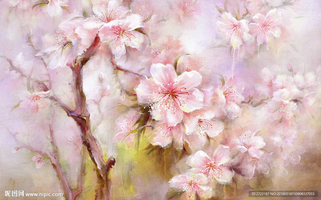 浪漫粉色桃花绽放树枝背景墙壁画