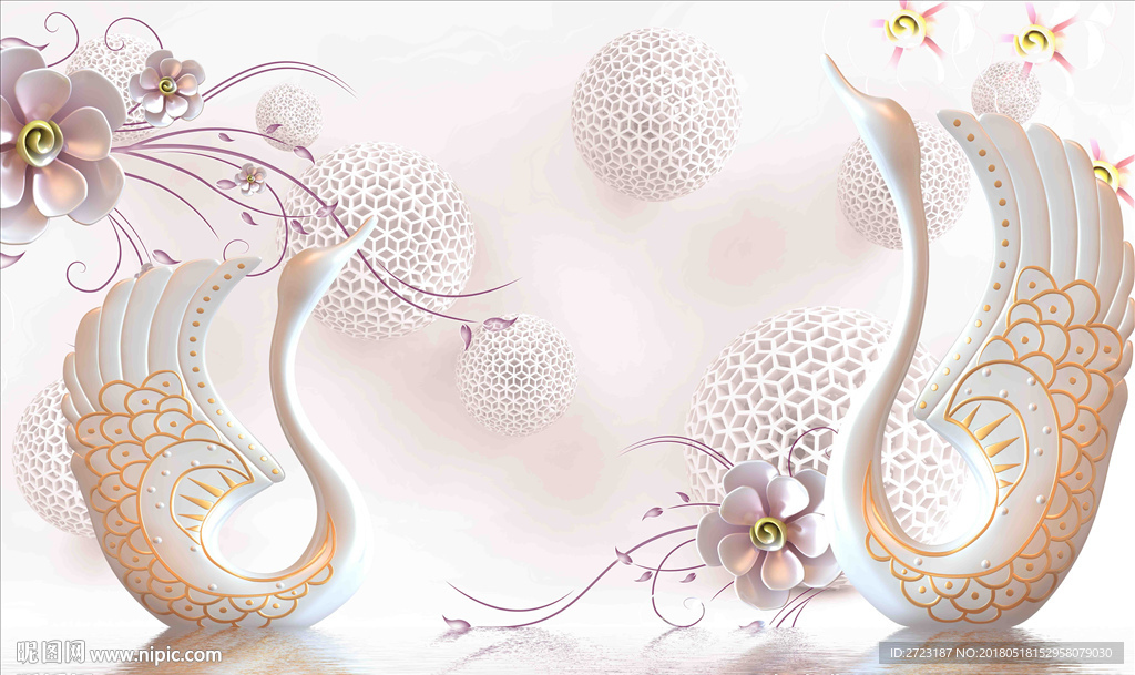 高贵天鹅花纹壁画背景墙