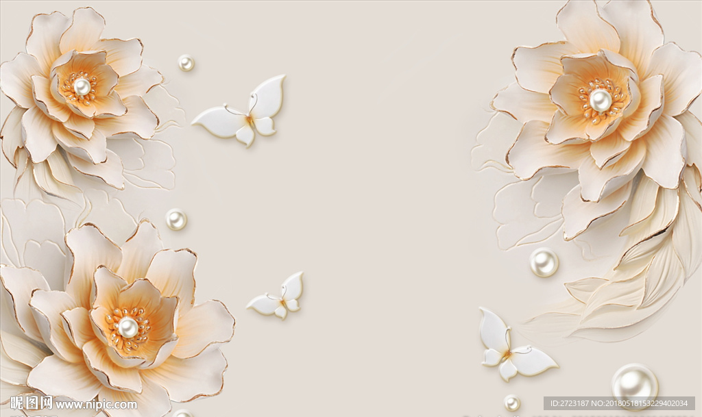 立体珍珠花朵暖色壁画背景墙