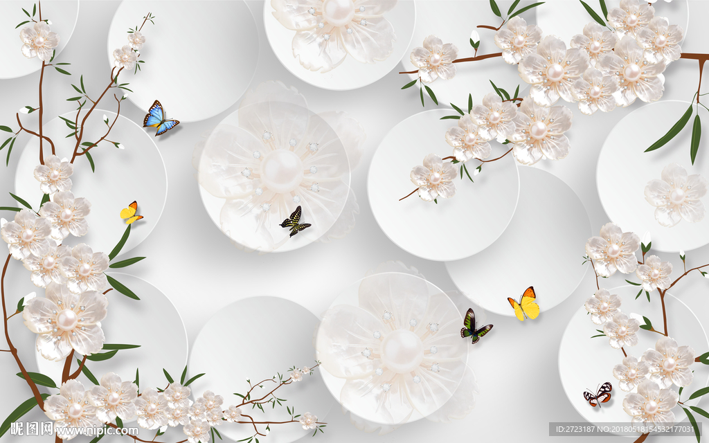 圆圈花枝花鸟壁画背景墙