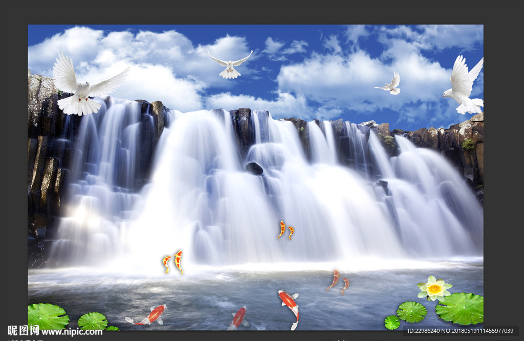 流水生财3D立体瀑布背景墙壁纸