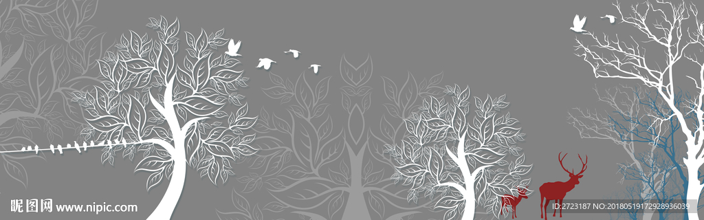 树枝麋鹿深灰色轮廓大背景壁画