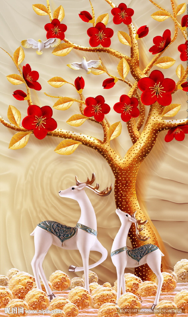 金色树枝 花朵绽放 麋鹿玄关画