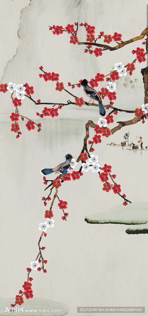 梅花玄关中式壁画走廓通道背景墙