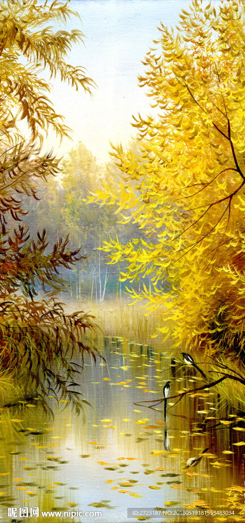 秋意玄关 金黄色树叶壁画