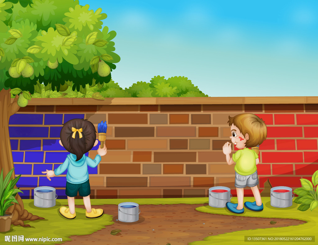 两个小孩在刷墙插画设计