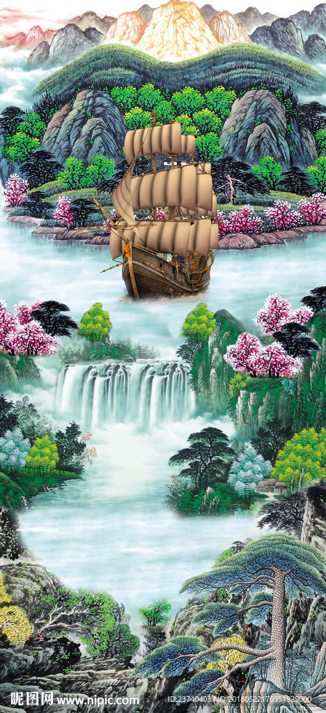 山水国画一帆风顺