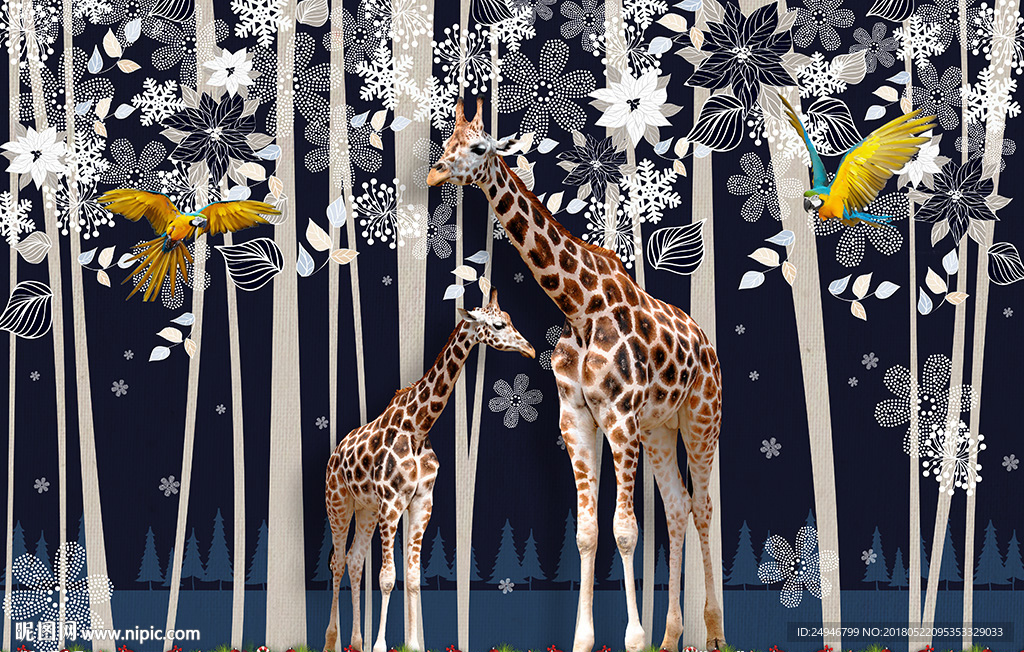 时尚手绘树林长颈鹿影视背景墙