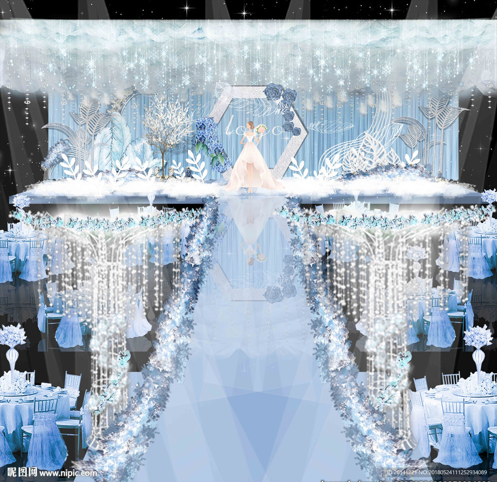 蓝色几何雪花羽毛婚礼