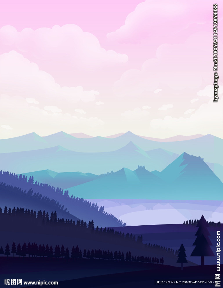 创意蓝色手绘山林背景素材