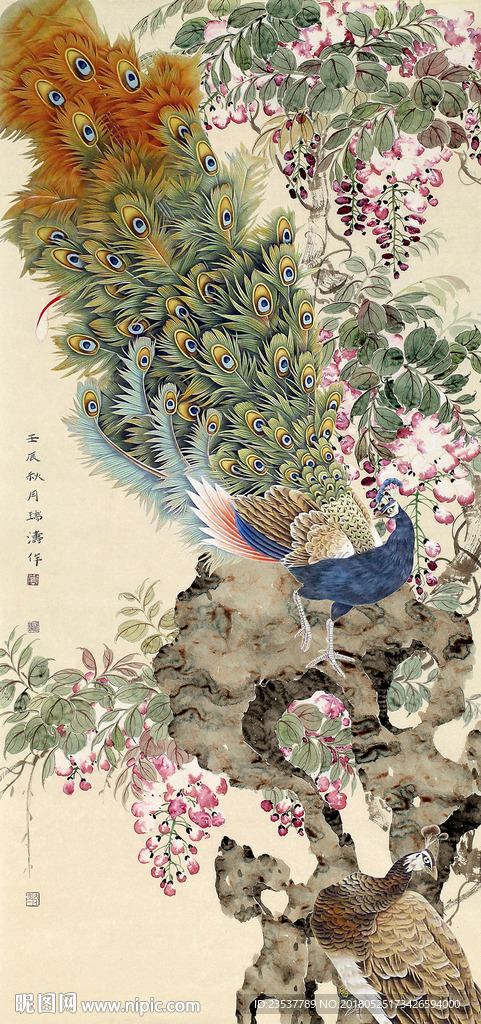 孔雀花鸟中式玄关装饰画