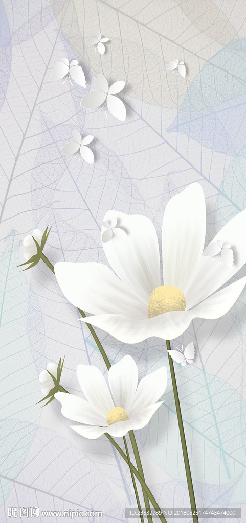白色花卉树叶玄关装饰画