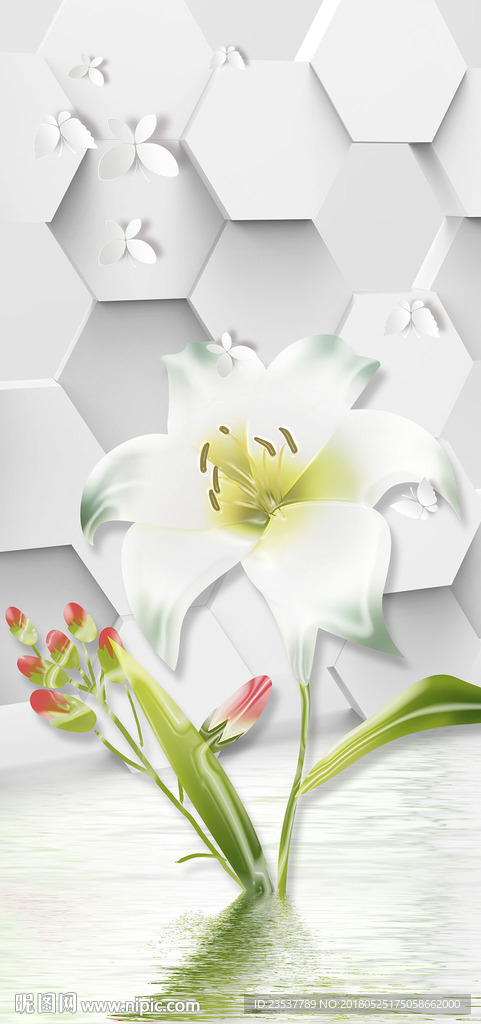 3D立体六边形花卉玄关装饰画