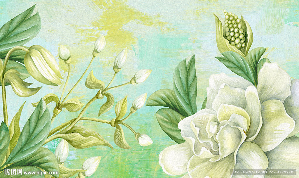 手绘花卉背景墙装饰画