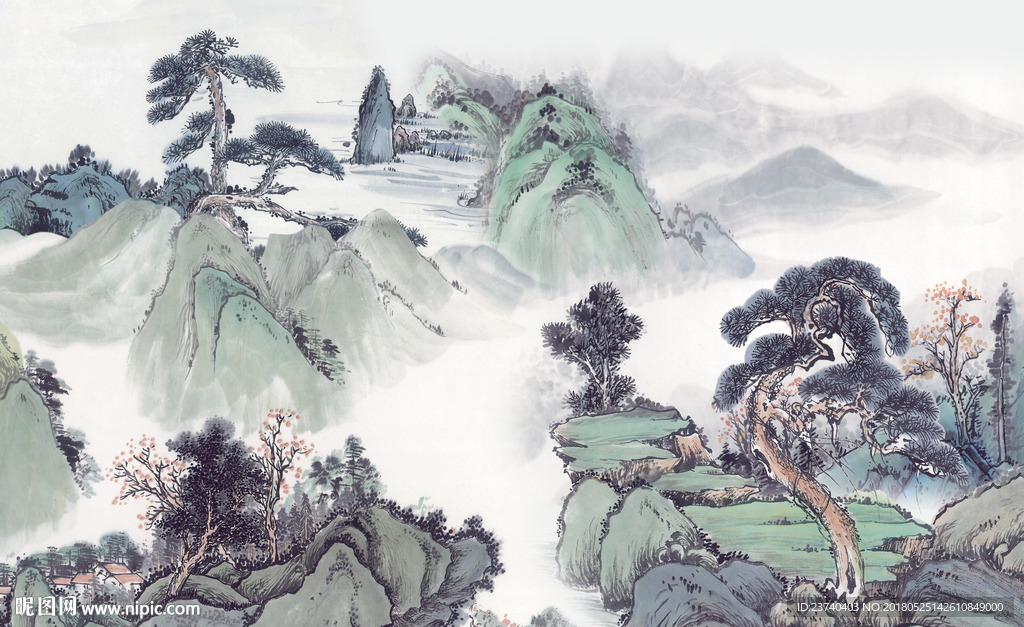 山水国画电视背景墙
