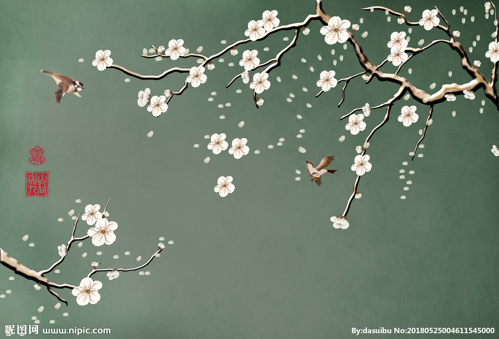 工笔梅花飞鸟墨绿色淡雅背景墙图片