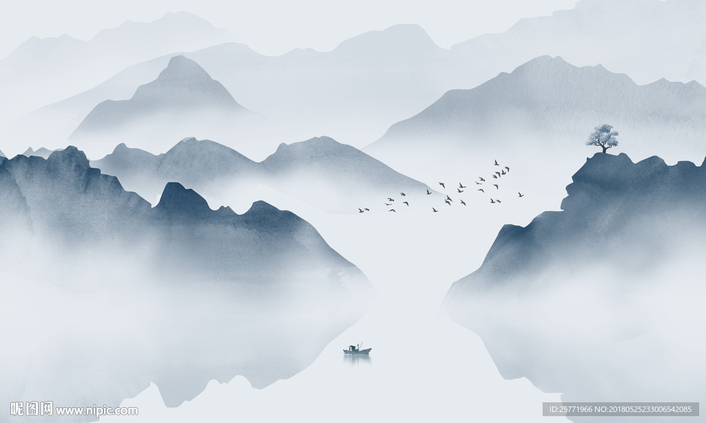新中式水墨山水意境抽象壁画背景