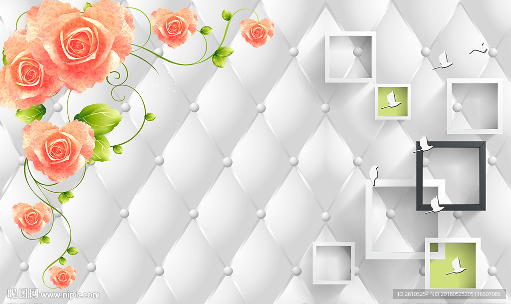 现代心形花卉简约框框软包背景墙