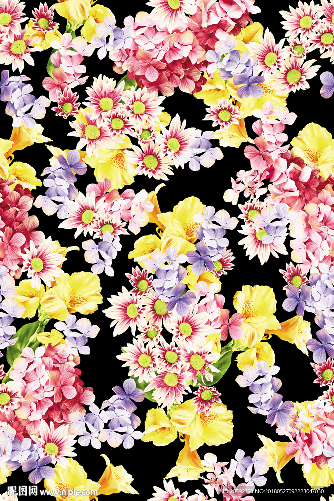 写实多彩花卉四方连续印花图案