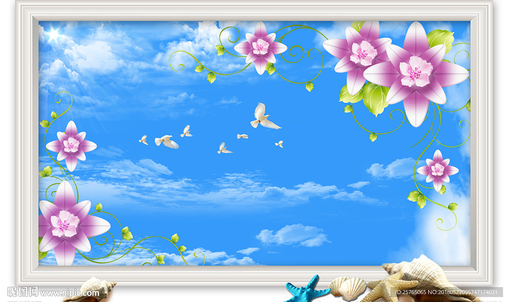 窗外现代花卉蓝天白云电视背景墙
